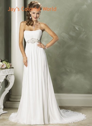 White Scoop Neckline Strapless Beading Chiffon Wedding Dress Bridal Gown