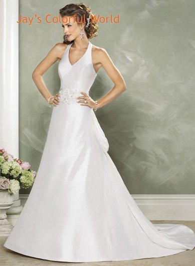 Halter Strap Appliques Beading Taffeta Wedding Dress Bridal Gown