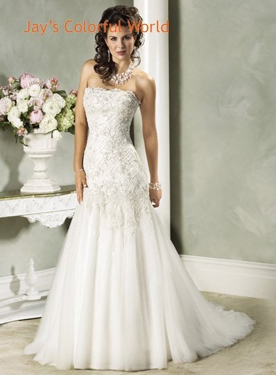 Strapless Appliques Beading Tuller Custom made Wedding Dress Bridal Gown