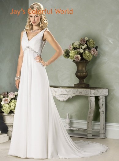 V-neckline Backless Beading Custom made Wedding Dress Bridal Gown