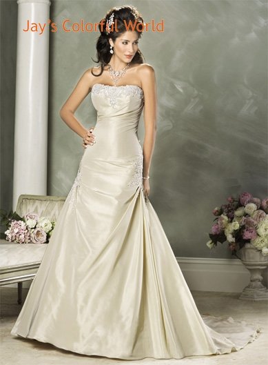 Custom made Gold A-line Appliques Taffeta Wedding Dress Bridal Gown