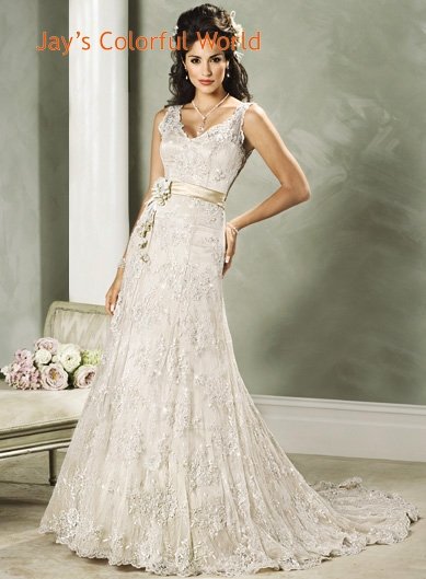 Custom made V-neckline Lace Beading Wedding Dress Bridal Gown