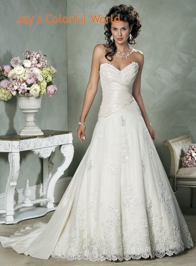 V-neckline Strapless Appliques Beading Taffeta Custom made Wedding Dress Bridal Gown