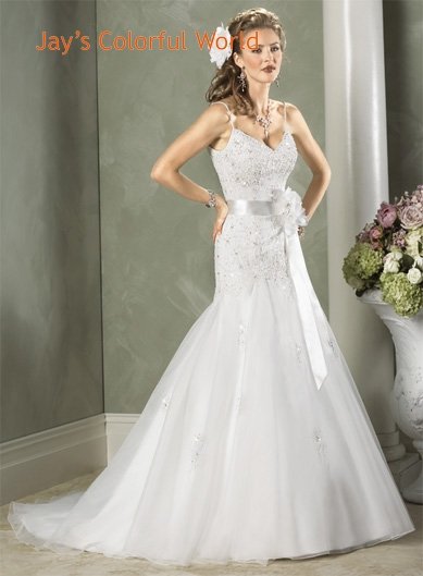 A-line V-neckline Spaghetti Strap Beading Organza Custom made Wedding Dress Bridal Gown