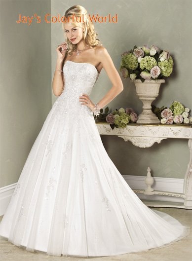 Fashion A-line Strapless Appliques Beading Tuller Custom made Wedding Dress Bridal Gown