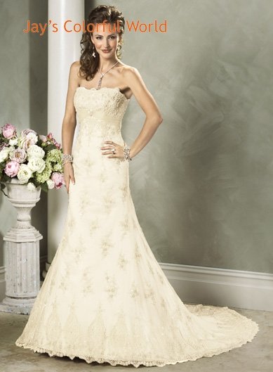 Scoop Neckline Strapless Lace Sweep Train Custom made Wedding Dress Bridal Gown