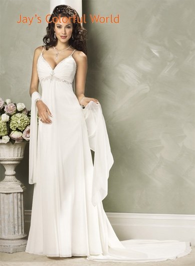 Classics V-neckline Spaghetti Strap Appliques Beading Chiffon Custom made Wedding Dress Bridal Gown