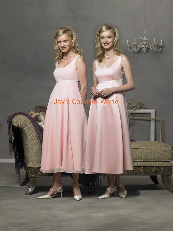 Pink T-length Scoop Neckline Cap Sleeve Satin and Chiffon Bridesmaid Dress/Evening Dress/Home Coming