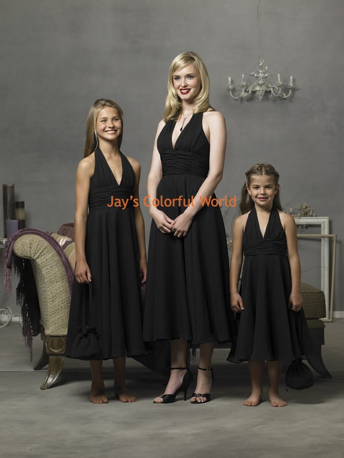 Black Tea-length Halter Strap Chiffon Custom-made Bridesmaid Dress/Evening Dress/Home Coming
