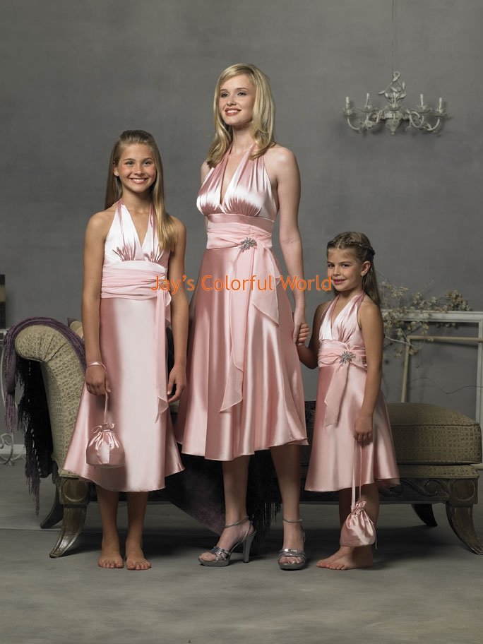 Pink V-neckline Tea-length Custom-made Bridesmaid Dress/Evening Dress/Home Coming