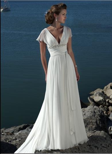 Sexy V-neckline Cap Sleeve Beaded Chiffon Custom made Wedding Dress