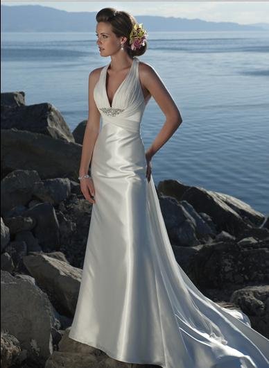 Deep V-neckline Beaded Stretch satin Custom-made Wedding Dress