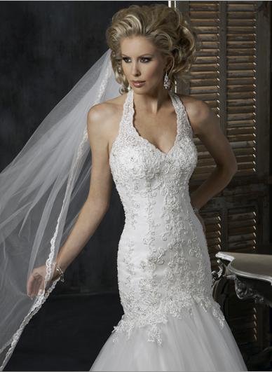 Mermaid Halter Appliqued Beaded Satin and Tuller Custom made Wedding Dress