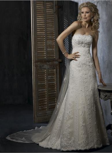 A Line Appliqued Beaded Strapless Wedding Dress Bridal Gown