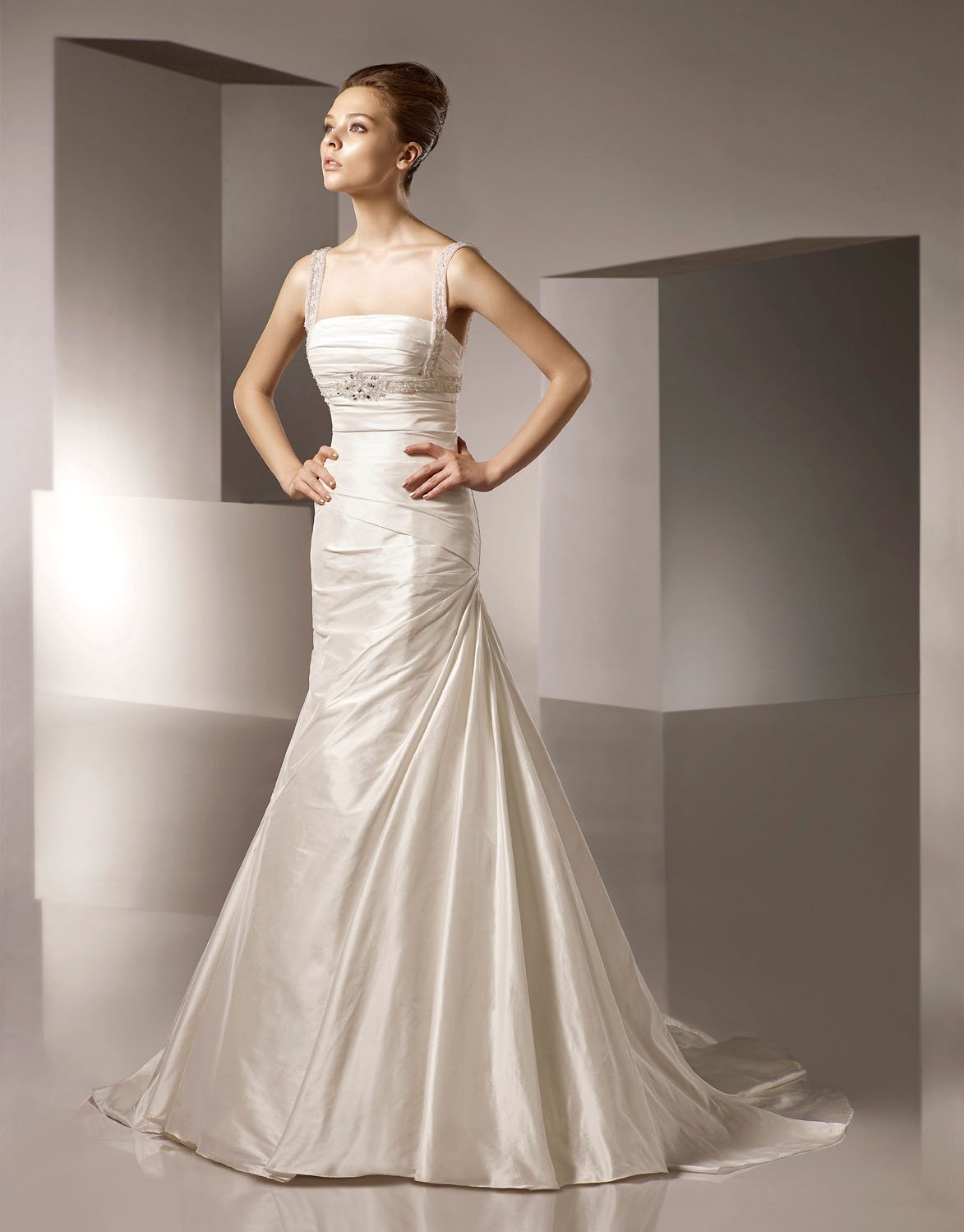 Straight Neckline Beading Detachable Strap Taffeta Wedding Dress Bridal Gown