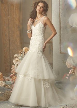 Mermaid V-neckline Appliqued Tuller and Satin Wedding Dress Bridal Gown JH007