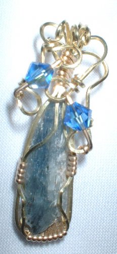 Brass Wrapped Kyanite Pendant with Swarovski Beads