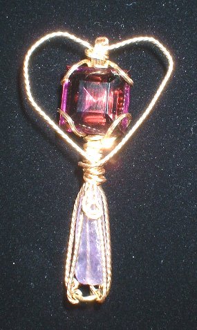 Brass Heart with Vintage Purple Faceted Glass & Amethyst Pendant