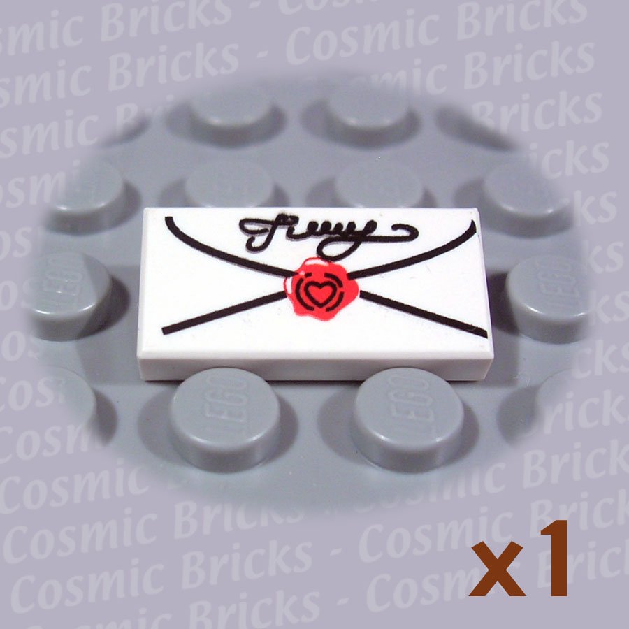 LEGO White Tile 1x2 Mail Envelope Cursive Script Seal 3069 (single,N)