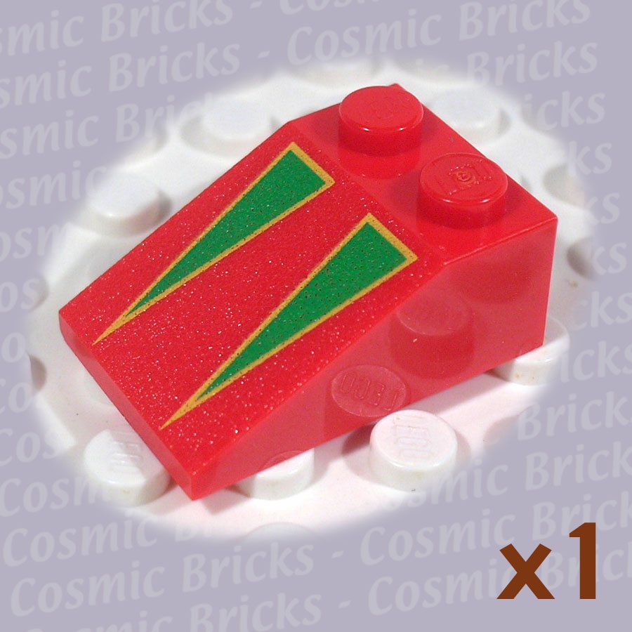 LEGO Red Slope 33 3x2 Green Triangles Yellow Borders 3298 (single,N)