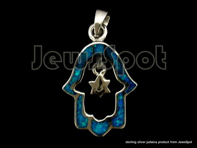 STERLING SILVER PENDANT- HAMSA M. DAVID IN CENTER, OPAL STONE 2 CM