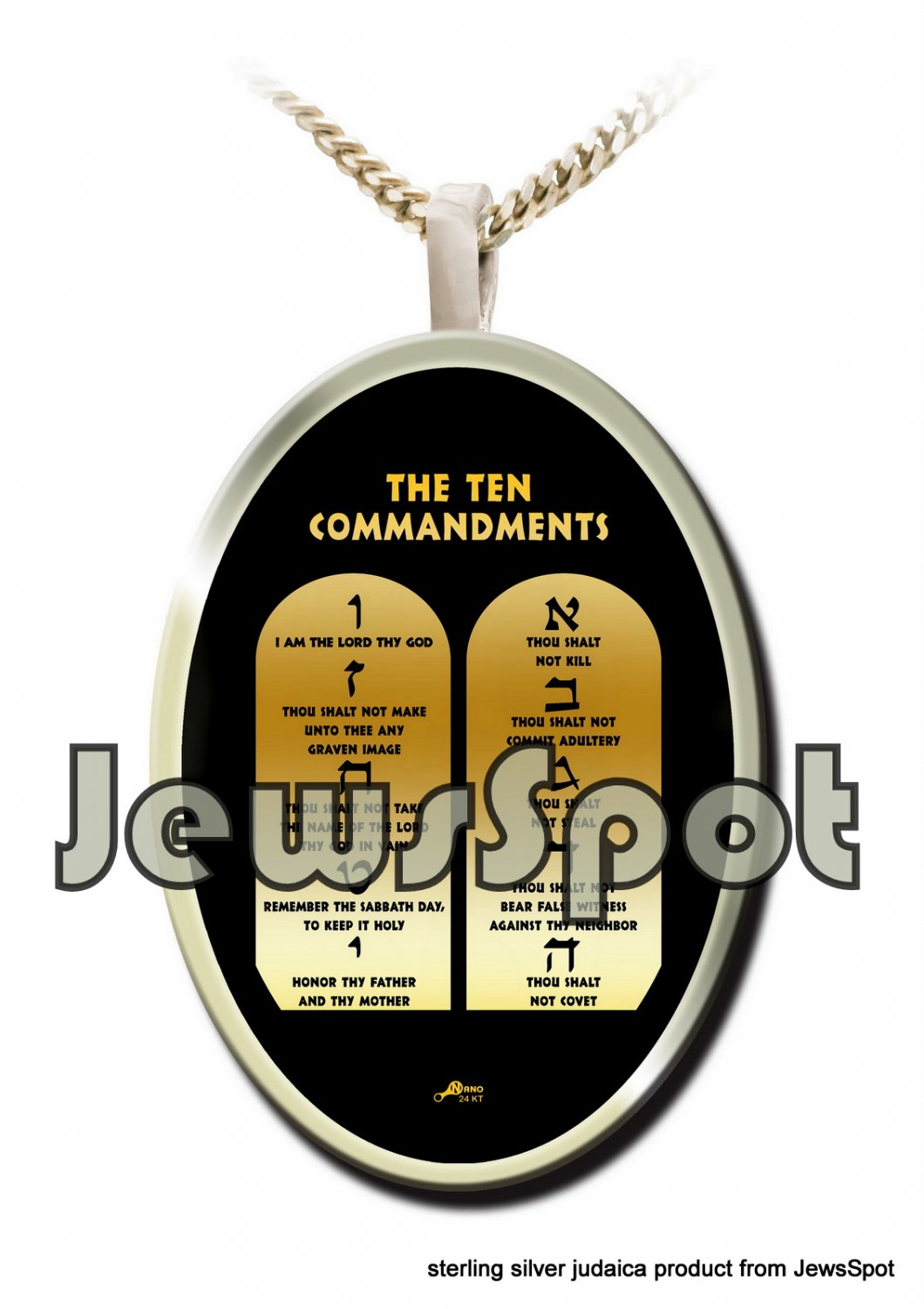 SS PENDANT NANNO 24 KT GOLD IMPRINT- ENGLISH "TEN COMMANDMENTS" + CHAIN, BOX, MAGNIFYING GLASS