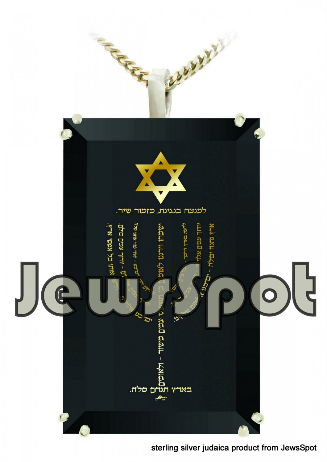 SS PENDANT NANNO 24 KT GOLD IMPRINT- "FOR BLESS & SUCCESS" MENORAH + CHAIN, BOX, MAGNIFYING GLASS