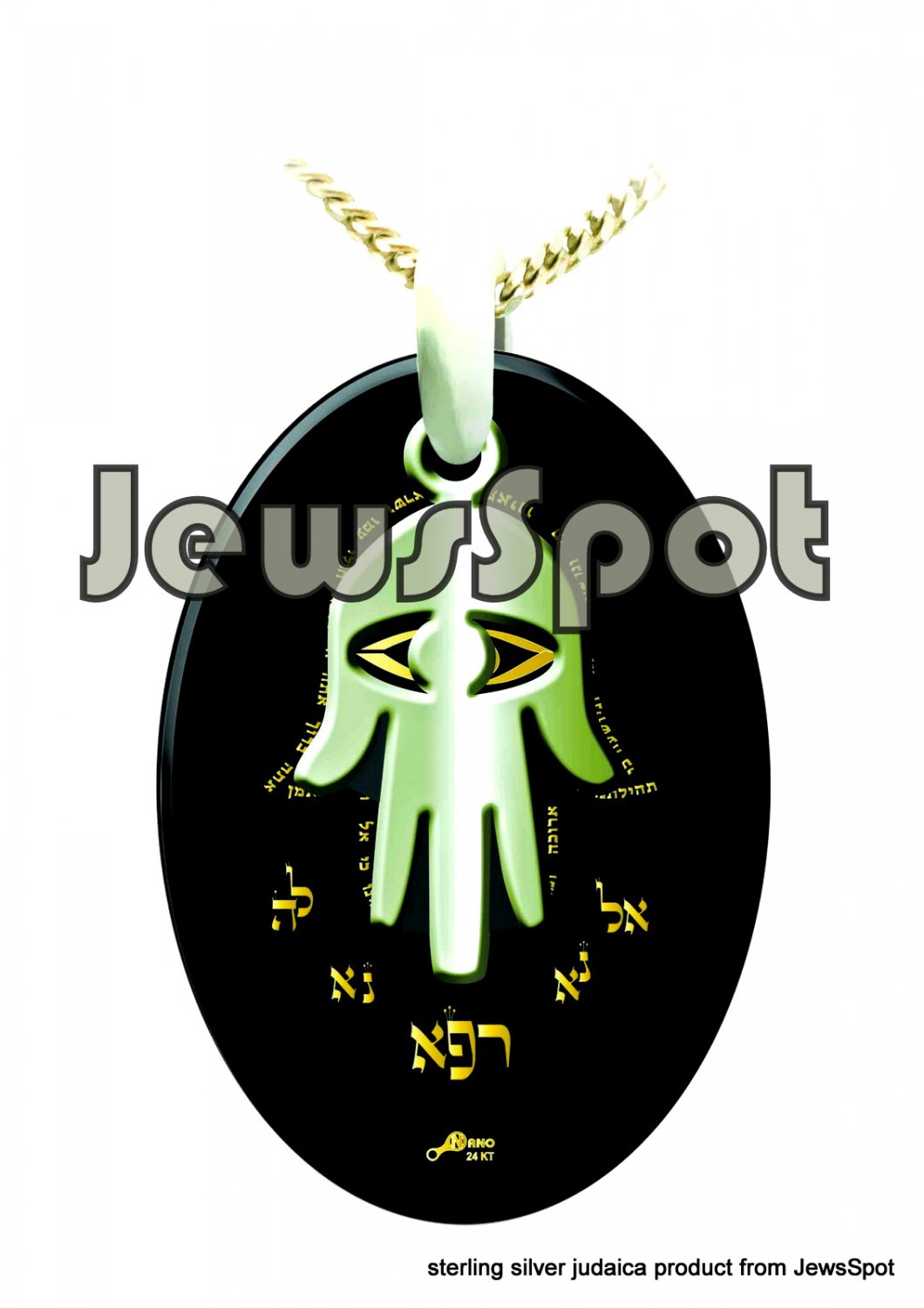 SS PENDANT NANNO 24 KT GOLD IMPRINT- "FOR COMPLETE RECOVERY" HAMSA + CHAIN, BOX, MAGNIFYING GLASS