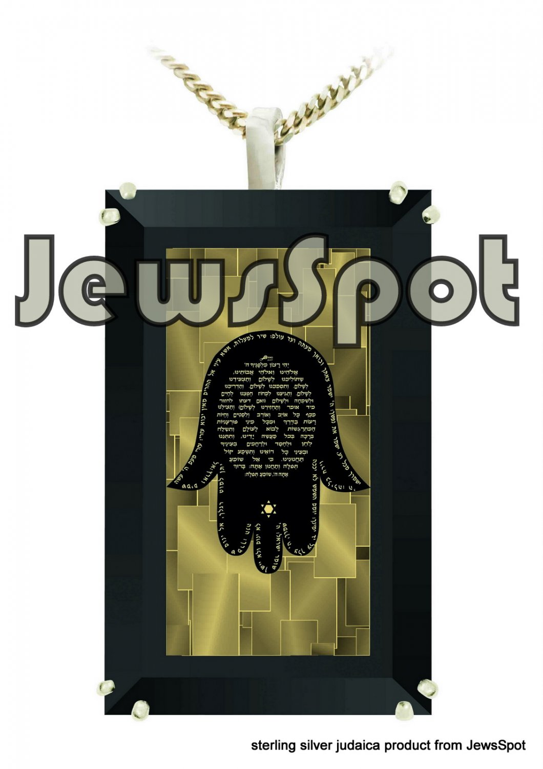 SS SQUARE PENDANT NANNO 24 KT GOLD IMPRINT- "TRAVELLERS PRAYER" HAMSA + CHAIN, BOX, MAGNIFYING GLAS