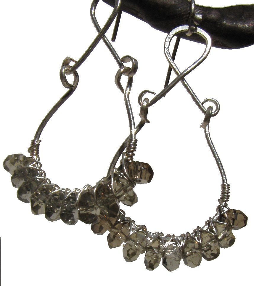 smoky topaz and silver drop wire wrapped earrings