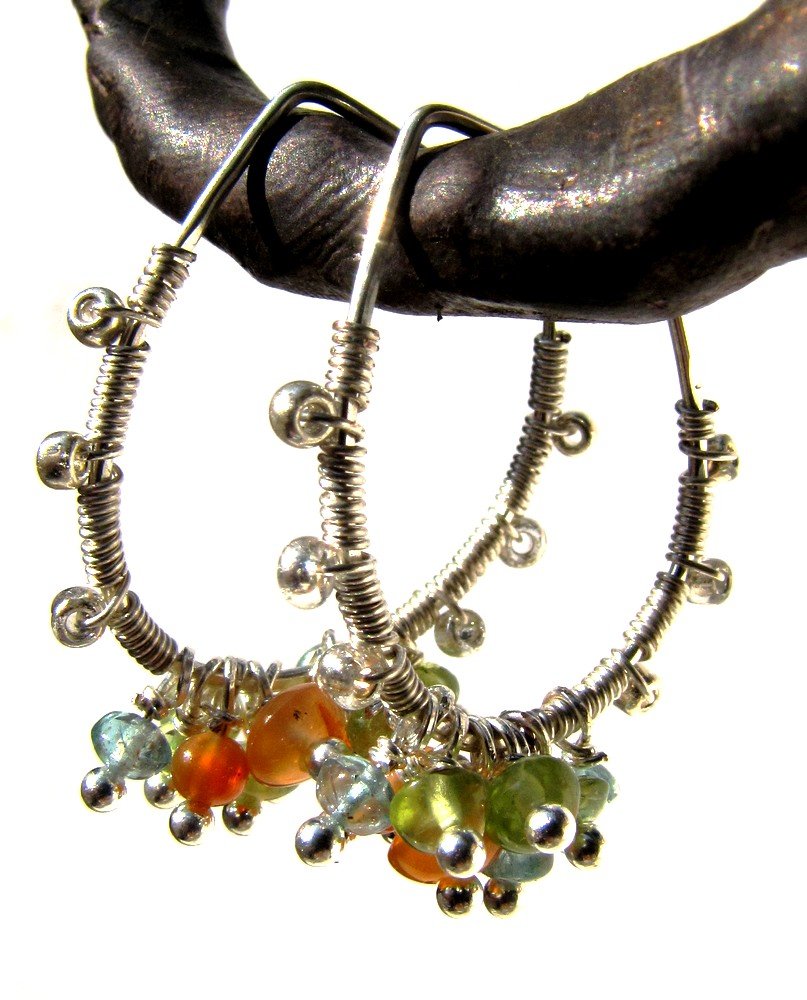 hammered sterling silver modern hoops with peridot, aquamarine and jasper