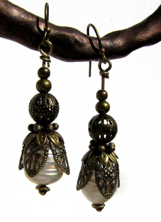 mabe freshwater pearls and vintage bronze drop earrings