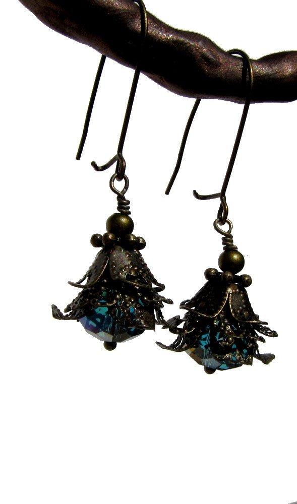 vintage style bronze and faceted Czech glass dangle earrings