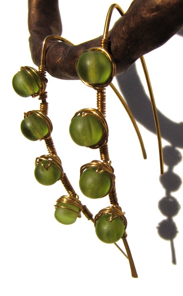 gold fill and wire wrap Blade earrings with olivine glass