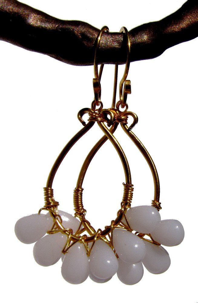 gold filled wire wrapped earrings with pale rose jade