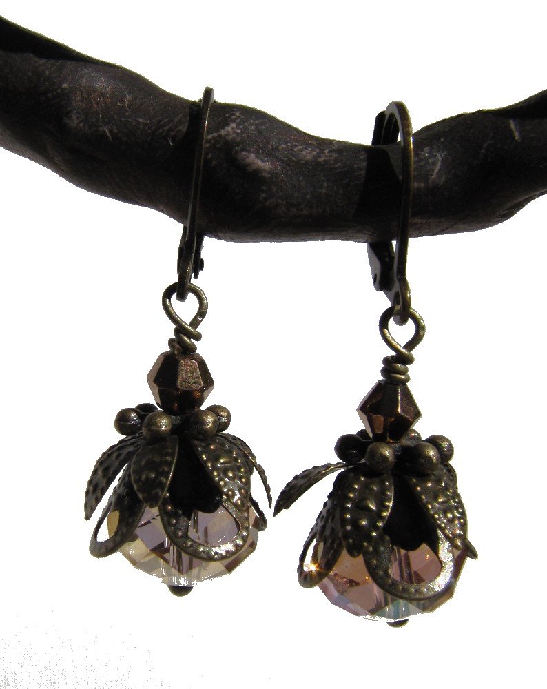 vintage style bronze and faceted Czech glass dangle earrings