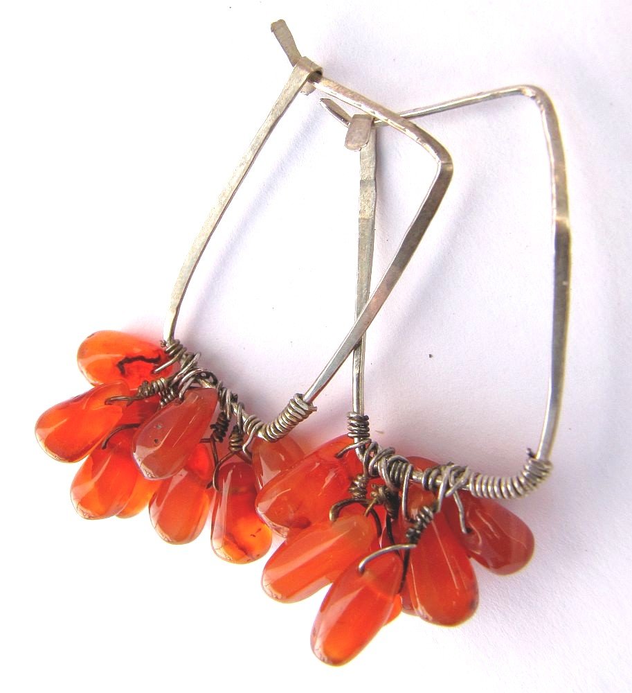 Hammered sterling silver square Barcelona hoops with carnelian