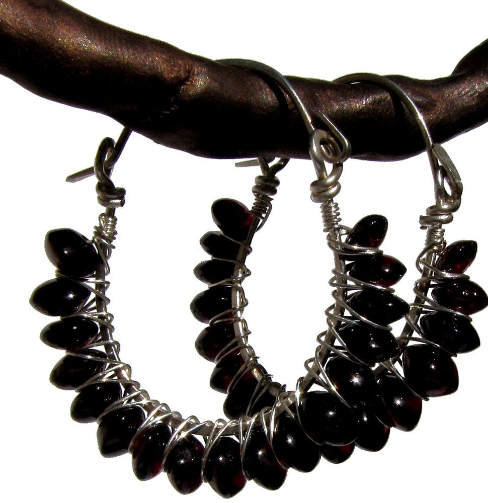 silver and garnet wire wrapped hoops