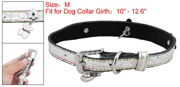 Dog Rhinestone Buckle Silver Tone Faux Leather Collar Belt M