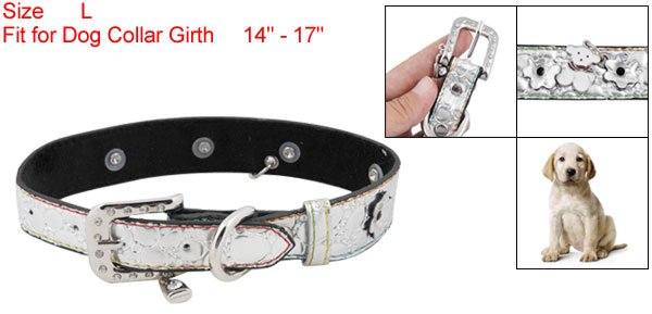 Dog Pet Silver Tone Faux Leather Adjustable Collar Belt Band L