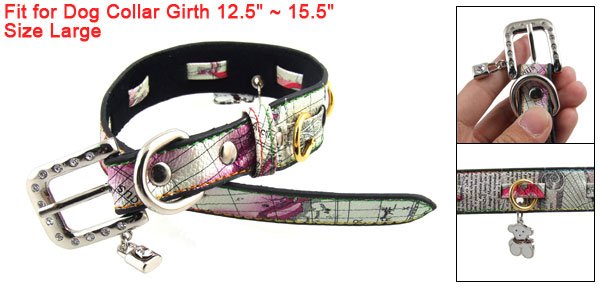 L Adjustable Faux Leather Dog Collar w Lock Bear Charms