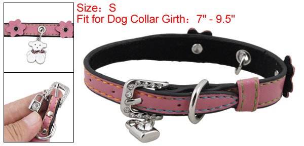 Dog Rectangle Rhinestone Buckle Pink Faux Leather Collar Belt S