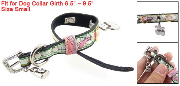 S Rhinestone Metal Buckle Faux Leather Dog Collar w Lock Bear Charms