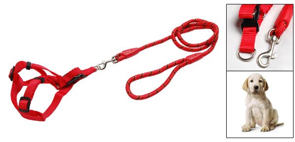 Small Pet Dog Nylon Pulling Harness and Round Leash Red