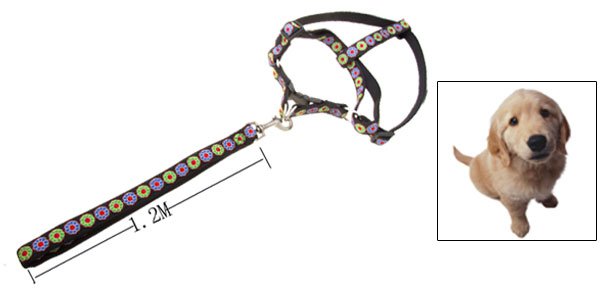 Black Flower Design Nylon Pet Dog Harness and Leash Set
