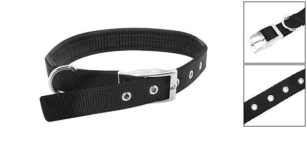 Midnight Black Soft Leather High Strength Nylon Dog Collar Strap - Medium Size