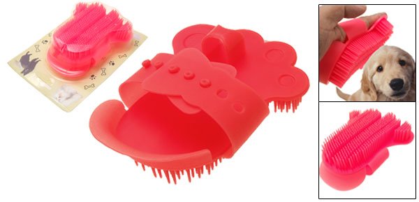 Dog Cat Pet Hand Shape Plastic Shower Bath Brush Red