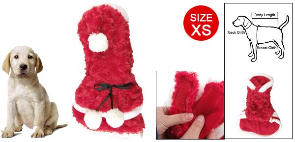 White Pom Pom Decor Hook Loop Fastener Red Plush Dog Pet Clothes XS
