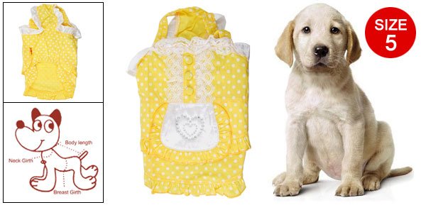 Doggie Size 5 White Dots Lace Trim Buttons Decor Elastic Strap Yellow Maid Dress
