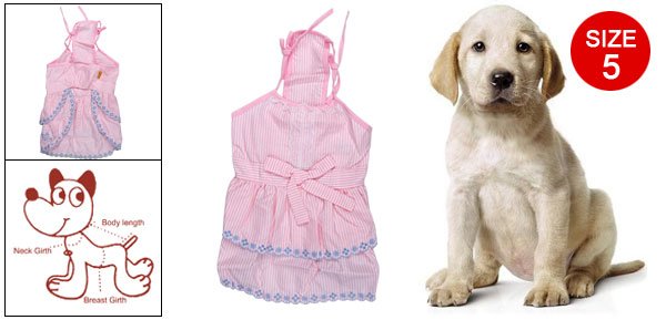 Pink Size 5 Striped Pattern Lace Hem Spaghetti Strap Dress for Pet Dog